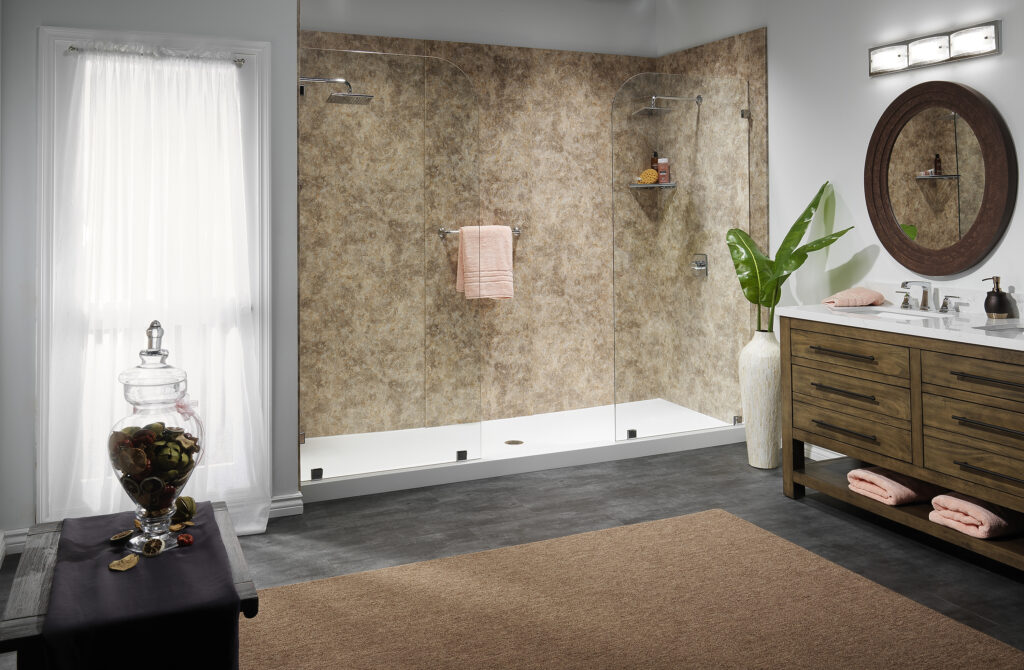 freshly remodeled shower with new mottled brown tiling
