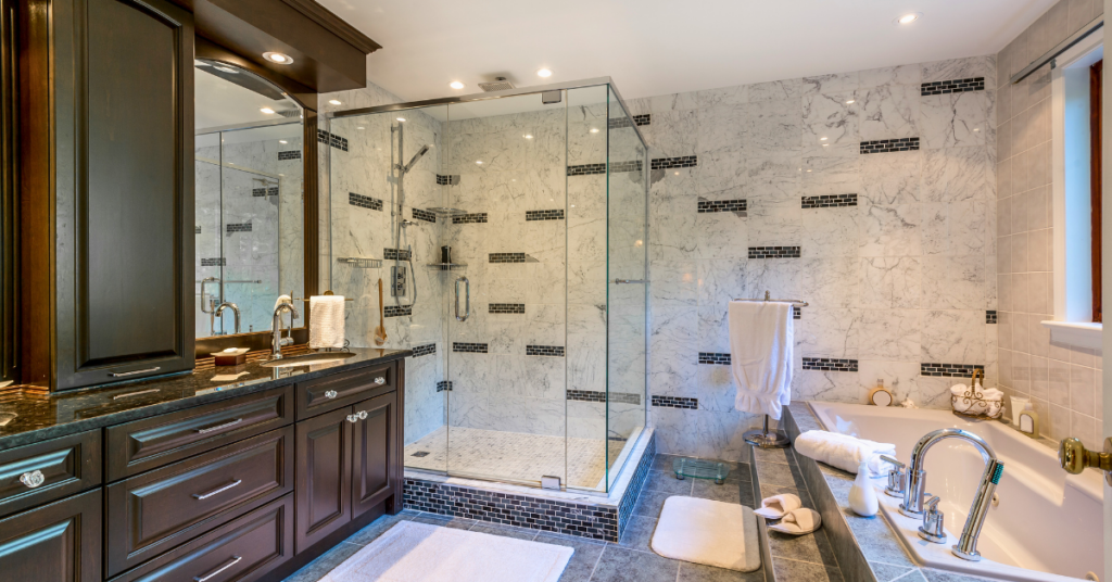 large luxury bathroom with a large tiled shower with innovative upgrades