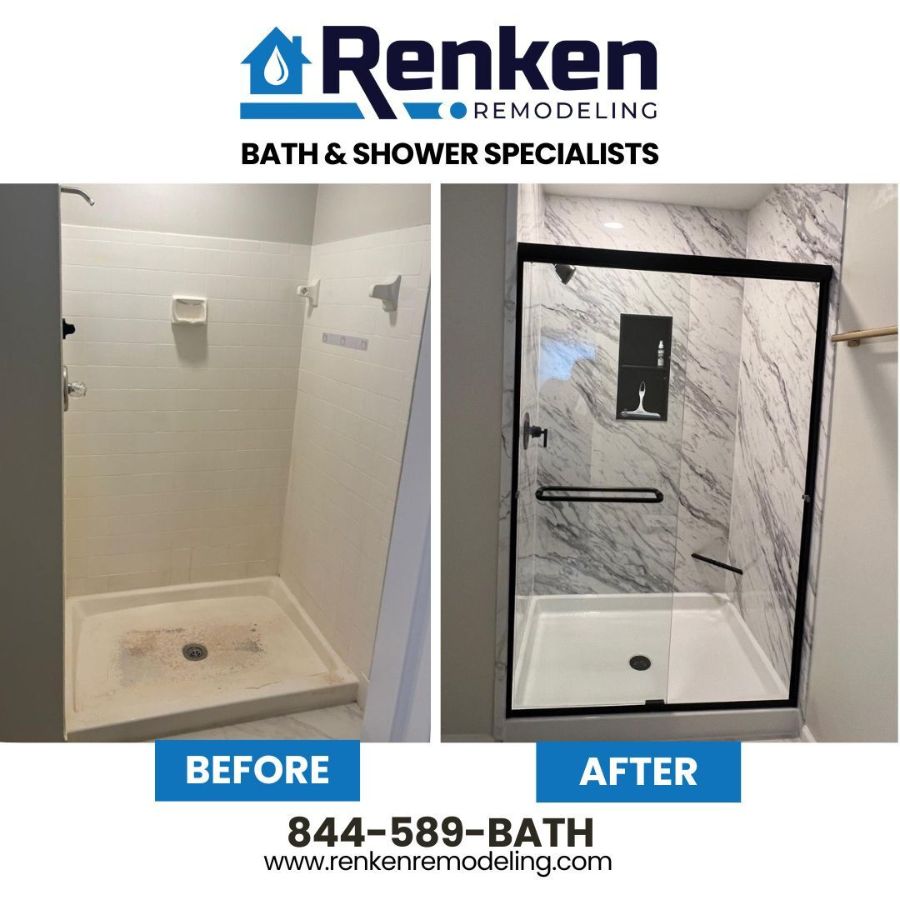 A Renken Remodeling technician remodeling a bathroom in Marshall, VA, emphasizing expertise, trusted service, and high-quality results for local homeowners. Bathroom Remodeling near me.