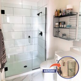 Before-After-Groutless-Matte-Black-Shower-Door